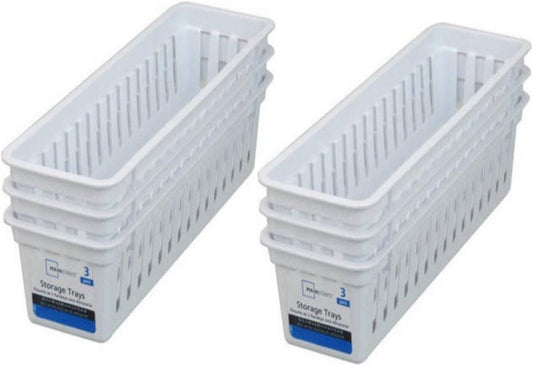 Slim Plastic Storage Drawer Trays, Long Baskets in White- Set of 6
